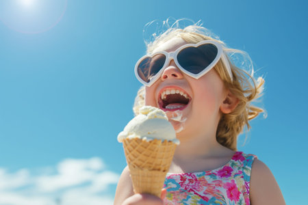 A joyful Caucasian girl laughs, looking up, holding an ice cream against a blue sky