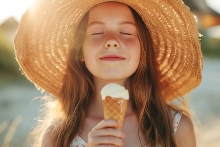 A young girl with long chestnut hair and a sun hat, smiling with closed eyes, enjoying an ice creamの素材