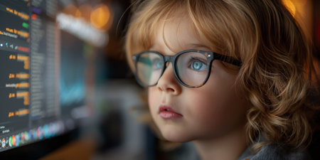 Young boy coding intently on a computer in the room at homeの素材
