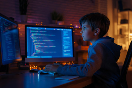 Young boy coding intently on a computer in the room at homeの素材