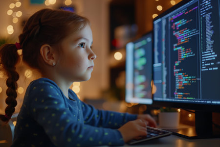 Young girl coding intently on a computer in the room at homeの素材