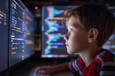 Young boy coding intently on a computer in the room at homeの素材