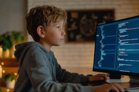 Young boy coding intently on a computer in the room at homeの素材