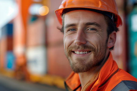 Cheerful port worker in orange safety gear with a confident smile embodying hard work and dedicationの素材