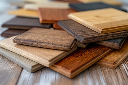 Assorted wood laminate samples displayed, showcasing various colors, grains, and patternsの素材