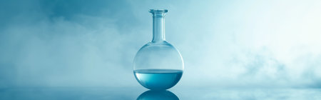 A single round flask with blue liquid emits wisps of vapor on a reflective surfaceの素材