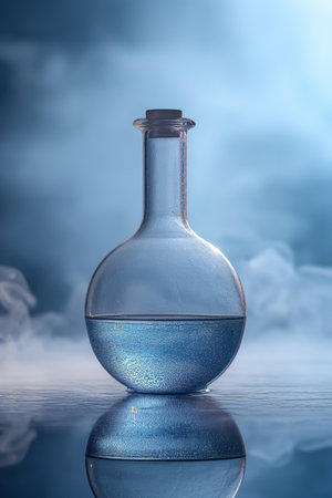 A single round flask with blue liquid emits wisps of vapor on a reflective surfaceの素材