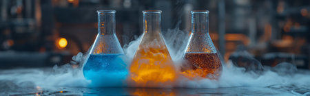 Three colorful lab flasks emit smoke, showcasing a vibrant chemical reaction under dimの素材