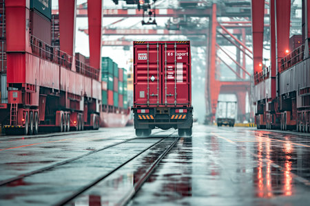Container with Export on trailer in shipping yard with cranes and shipsの素材