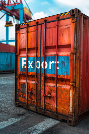 Container with Export on trailer in shipping yard with cranes and shipsの素材