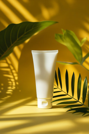 Skincare tube against a vivid yellow backdrop with tropical plant shadowsの素材