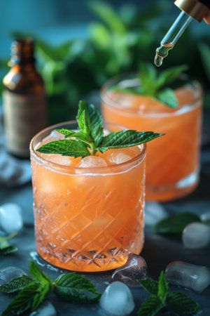Two glasses filled with crushed ice and a blush beverage, garnished with mint leaves. Cannabis cocktailの素材