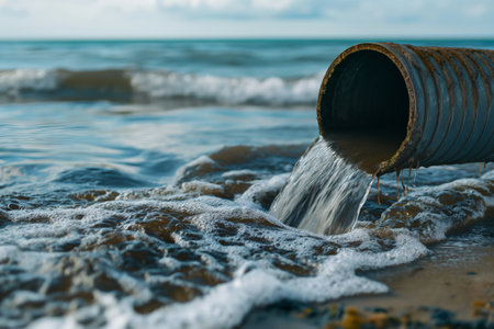 Contaminated water flowing from a rusty pipeline into a natural water body, causing environmental pollutionの素材