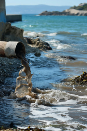 Contaminated water flowing from a rusty pipeline into a natural water body, causing environmental pollutionの素材