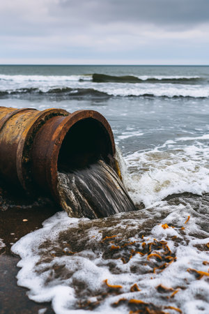 Contaminated water flowing from a rusty pipeline into a natural water body, causing environmental pollutionの素材