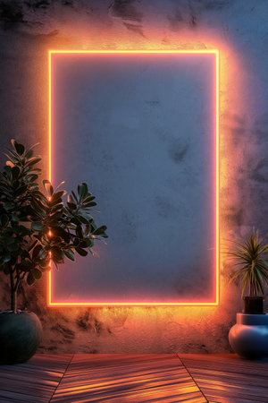 A neon-lit rectangular frame on a grunge wall with ambient lighting, flanked by potted plantsの素材