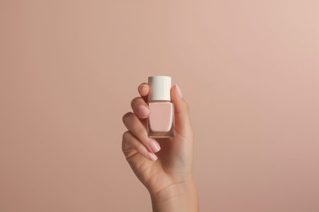 A womans hand with a beautiful manicure holds a bottle of nail polish against beige backgroundの素材