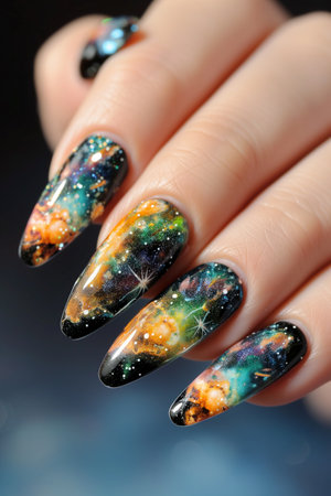 Close up view of a womans hand with manicure with meteor nebula space art designの素材