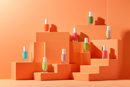 Various bottles of nail polish stand on an orange podiumの素材