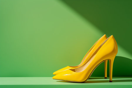 A pair of shiny yellow high heeled shoes against green background with space for text in sunlightの素材