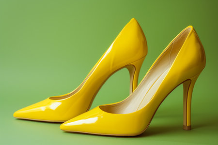 A pair of shiny yellow high heeled shoes against green backgroundの素材