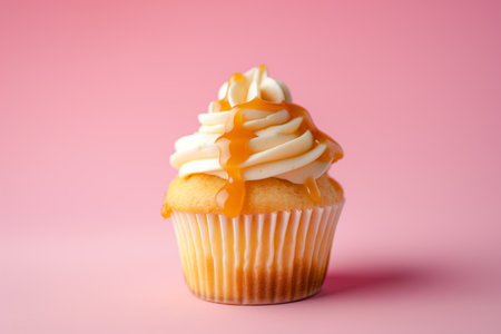 Cupcake with caramel on pink background. Sweet cupcake.の素材