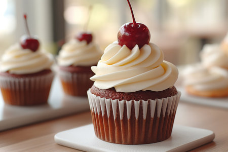 A chocolate cupcake with buttercream cream and cherry on top on a white stand on wooden tableの素材