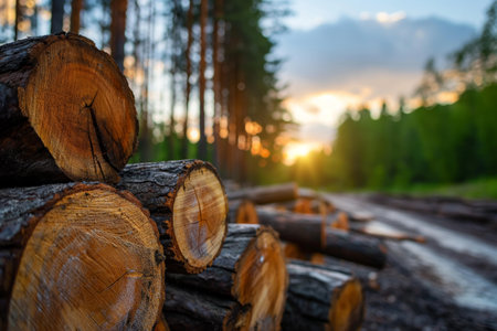A pile of wooden logs is stacked in the forest. Logging conceptの素材