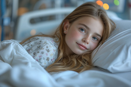 Young teenage Caucasian girl laying in intensive care unit in a hospitalの素材