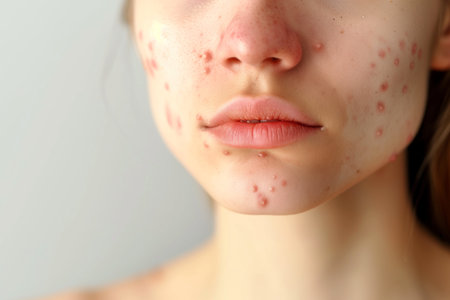 Young woman with acne inflammation on face over gray backgroundの素材