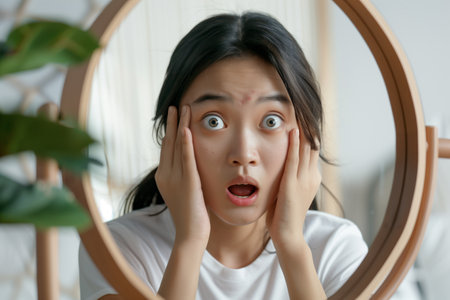 Young woman with acne inflammation on her face looking in the mirror at homeの素材