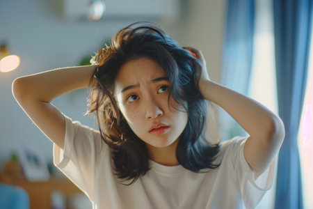 Young woman with acne inflammation on her face looking in the mirror at homeの素材