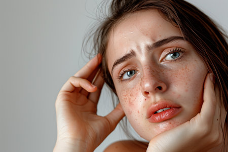 Young woman with acne inflammation on face over gray backgroundの素材
