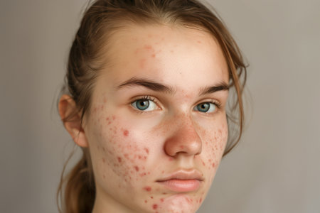 Young woman with acne inflammation on face over gray backgroundの素材