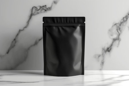 Black doypack pouch on a white marble backgroundの素材