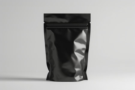 Glossy black doypack packaging bag on a light gray backgroundの素材