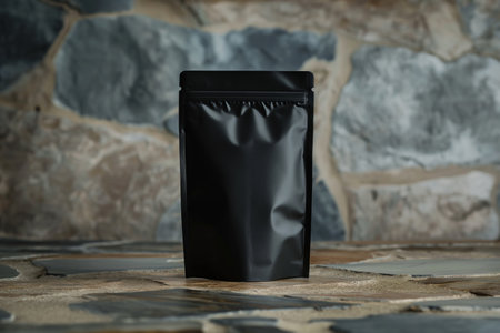 Black plastic doypack pouch on a stone backgroundの素材