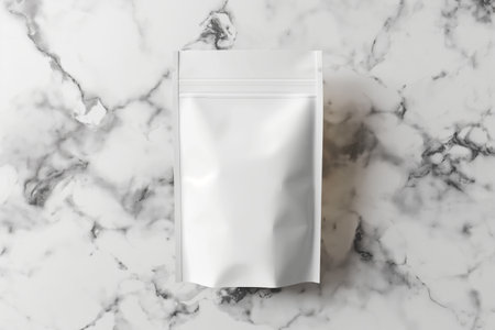White doypack pouch on a white marble backgroundの素材