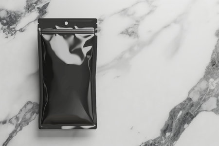 Black doypack pouch on a white marble backgroundの素材