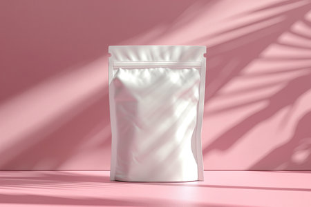 White doypack pouch on a pink background casting tropical palm shadows, summer aestheticの素材