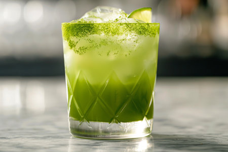 Chilled matcha Margarita drink with ice cubes and powdered matcha on top, on a gray surfaceの素材