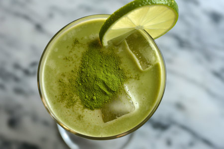Chilled matcha Margarita drink with ice cubes and powdered matcha on top, on a gray surfaceの素材