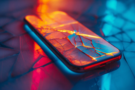 Smartphone with a cracked screen illuminated by dynamic blue and orange lightsの素材