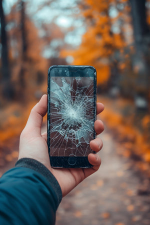 A hand holds a phone with a spiderweb-cracked screen, autumn leaves blurred in the backgroundの素材