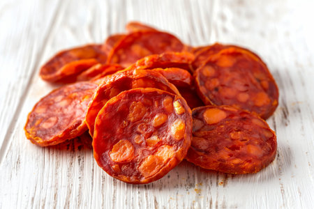 Chorizo slices on a white wooden background, close upの素材