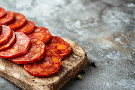 Chorizo slices on a wooden cutting board with peppercorns, set against a gray concrete backgroundの素材