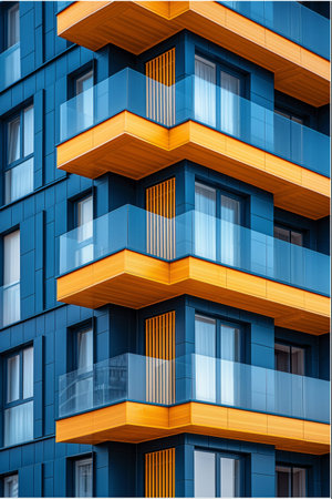 Modern apartment building with vibrant orange faの素材