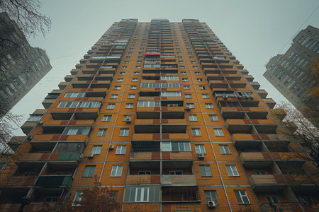 Residential building with multiple balconies, brick facade and a gray overcast sky in the backgroundの素材
