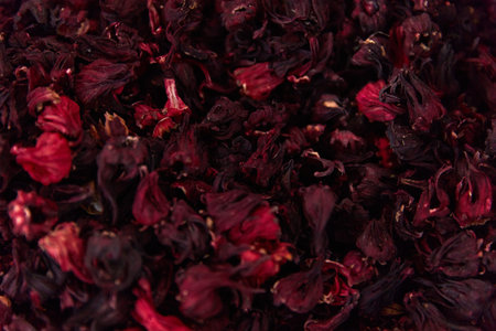 Hibiscus dried flowers texture pattern. Flat lay top veiw karkade teaの写真素材