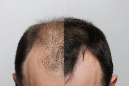 Hair loss treatment concept. Comparison of hair before and after transplantationの素材